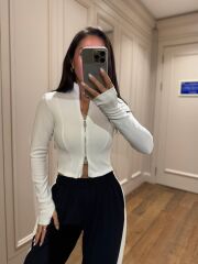 Mz 22159 Beyaz Fermuarlı Fitilli Bluz