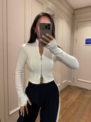Mz 22159 Beyaz Fermuarlı Fitilli Bluz