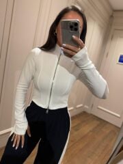 Mz 22159 Beyaz Fermuarlı Fitilli Bluz