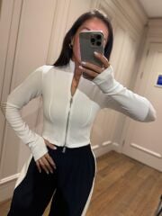 Mz 22159 Beyaz Fermuarlı Fitilli Bluz