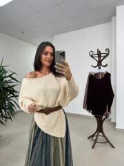 Mz 22849 Ekru Kayık Yaka Taşlı Triko