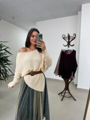 Mz 22849 Ekru Kayık Yaka Taşlı Triko