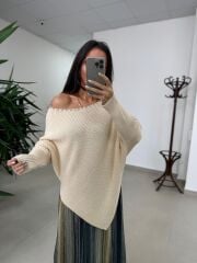 Mz 22849 Ekru Kayık Yaka Taşlı Triko