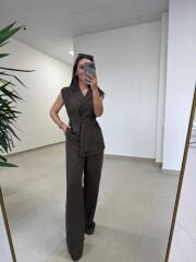 Art 4016 Keten Kuşak Detaylı Kahve Yelekli Takım