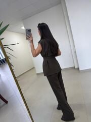 Art 4016 Keten Kuşak Detaylı Kahve Yelekli Takım