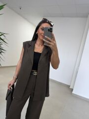 Art 4016 Keten Kuşak Detaylı Kahve Yelekli Takım