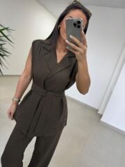 Art 4016 Keten Kuşak Detaylı Kahve Yelekli Takım