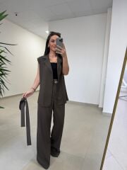Art 4016 Keten Kuşak Detaylı Kahve Yelekli Takım