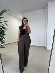 Art 4016 Keten Kuşak Detaylı Kahve Yelekli Takım