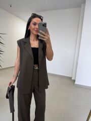 Art 4016 Keten Kuşak Detaylı Kahve Yelekli Takım