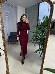 My 3587 Gold Kare Tokalı Bordo Kalem Elbise