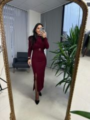 My 3587 Gold Kare Tokalı Bordo Kalem Elbise