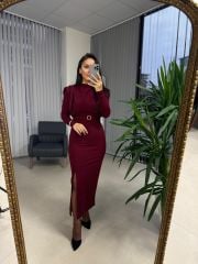 My 3587 Gold Kare Tokalı Bordo Kalem Elbise