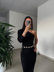 My 3828 Tek omuz Kendinden Kemerli Siyah Elbise