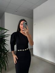 My 3828 Tek omuz Kendinden Kemerli Siyah Elbise