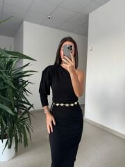 My 3828 Tek omuz Kendinden Kemerli Siyah Elbise