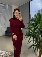 My 3587 Gold Square Buckle Burgundy Pencil Dress