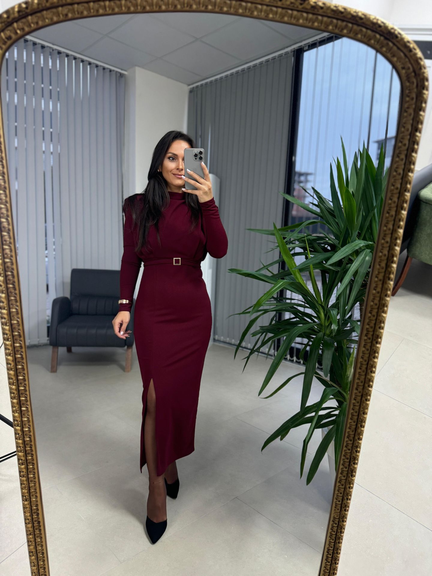 My 3587 Gold Square Buckle Burgundy Pencil Dress