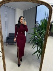 My 3587 Gold Kare Tokalı Bordo Kalem Elbise