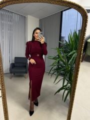 My 3587 Gold Kare Tokalı Bordo Kalem Elbise