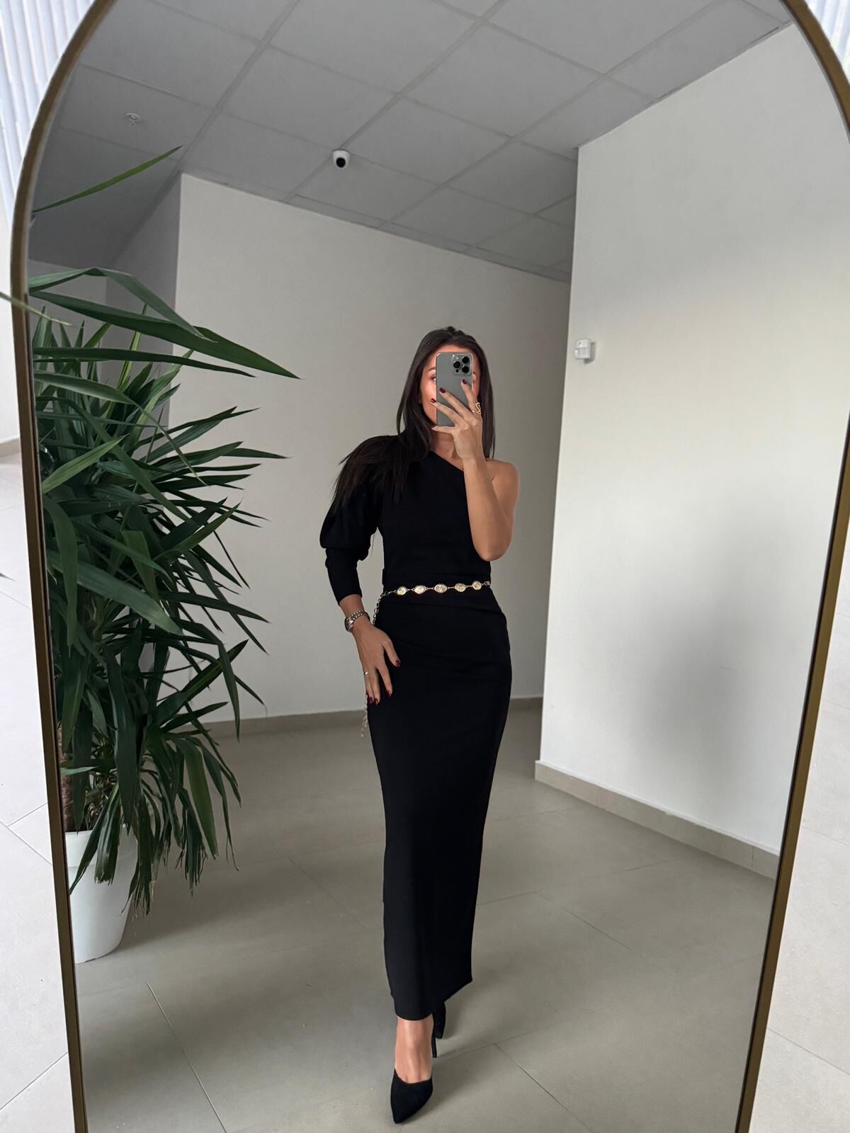 My 3828 Tek omuz Kendinden Kemerli Siyah Elbise