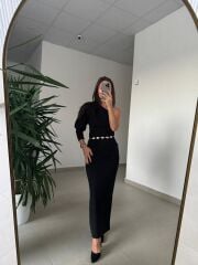 My 3828 Tek omuz Kendinden Kemerli Siyah Elbise