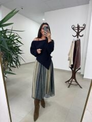 Mz 22849 Laci Kayık Yaka Taşlı Triko