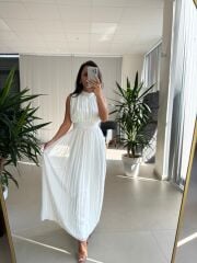 Sv 2902 Drapeli Maksiboy Beyaz Şifon Elbise