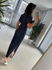 Pr 349 Bel Drape Detaylı Laci Denim Elbise