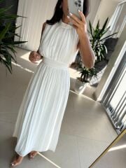 Sv 2902 Drapeli Maksiboy Beyaz Şifon Elbise