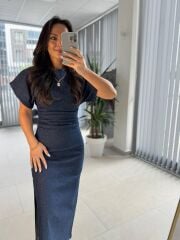 Pr 349 Bel Drape Detaylı Laci Denim Elbise
