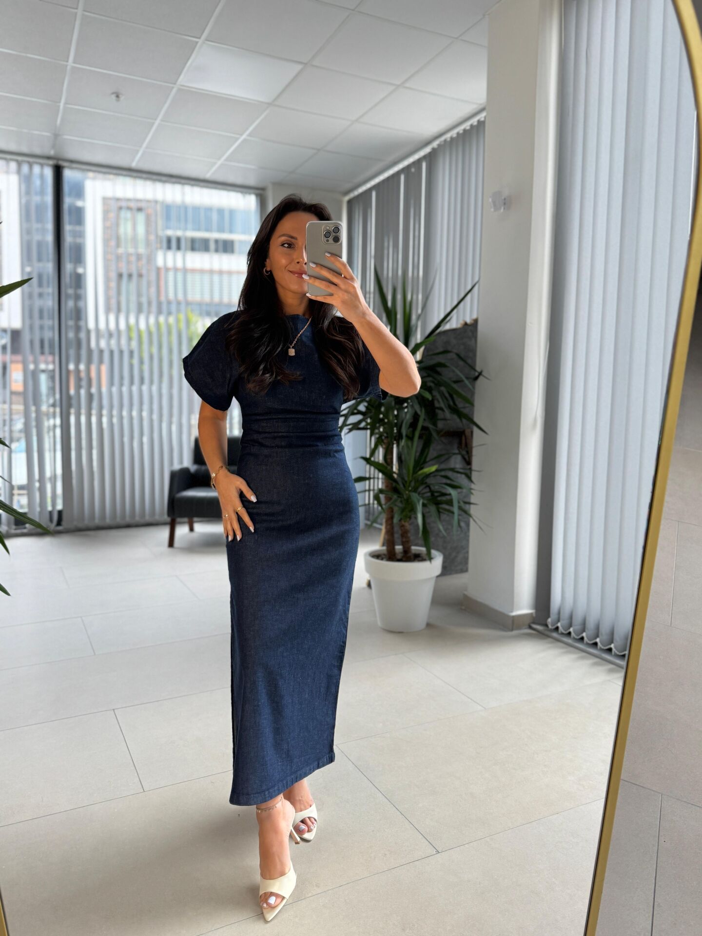 Np 349 Bel Drape Detaylı Laci Denim Elbise