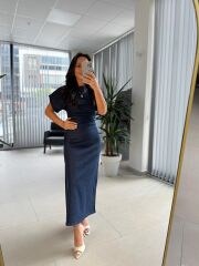 Pr 349 Bel Drape Detaylı Laci Denim Elbise