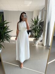 Sv 2902 Drapeli Maksiboy Beyaz Şifon Elbise