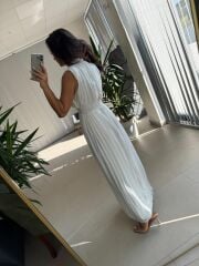 Sv 2902 Drapeli Maksiboy Beyaz Şifon Elbise