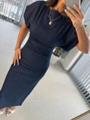 Pr 349 Bel Drape Detaylı Laci Denim Elbise