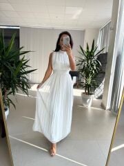 Sv 2902 Drapeli Maksiboy Beyaz Şifon Elbise