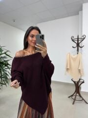 Mz 22849 Bordo Kayık Yaka Taşlı Triko