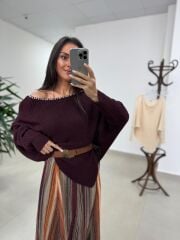 Mz 22849 Bordo Kayık Yaka Taşlı Triko