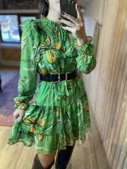 Green string tie chiffon dress