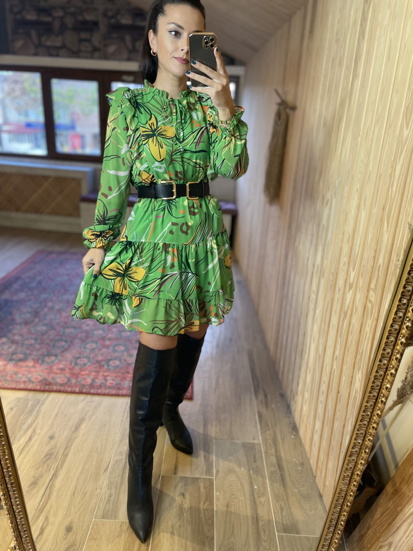 Green string tie chiffon dress