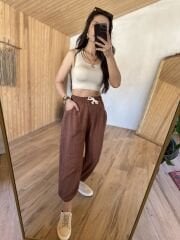Floş keten Kahve şalvar pantolon