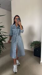 Spt 3246 Uzun Kol Denim Elbise