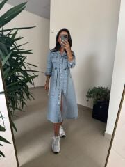 Spt 3246 Uzun Kol Denim Elbise