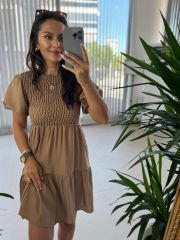 Mng Gipeli Kahve Floş Keten Elbise