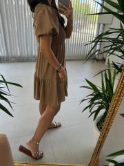 Mng Gipeli Kahve Floş Keten Elbise