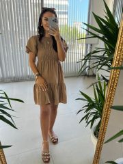 Mng Gipeli Kahve Floş Keten Elbise