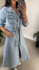 Spt 3246 Uzun Kol Denim Elbise