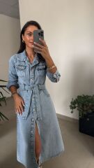 Spt 3246 Uzun Kol Denim Elbise