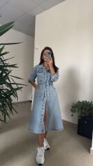 Spt 3246 Uzun Kol Denim Elbise